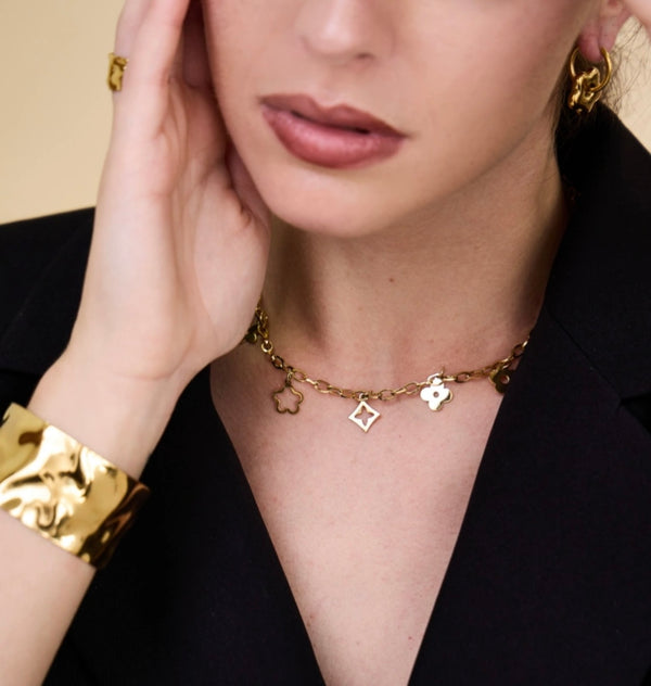 Collier Charms Trèfle et Fleur en Acier Inoxydable