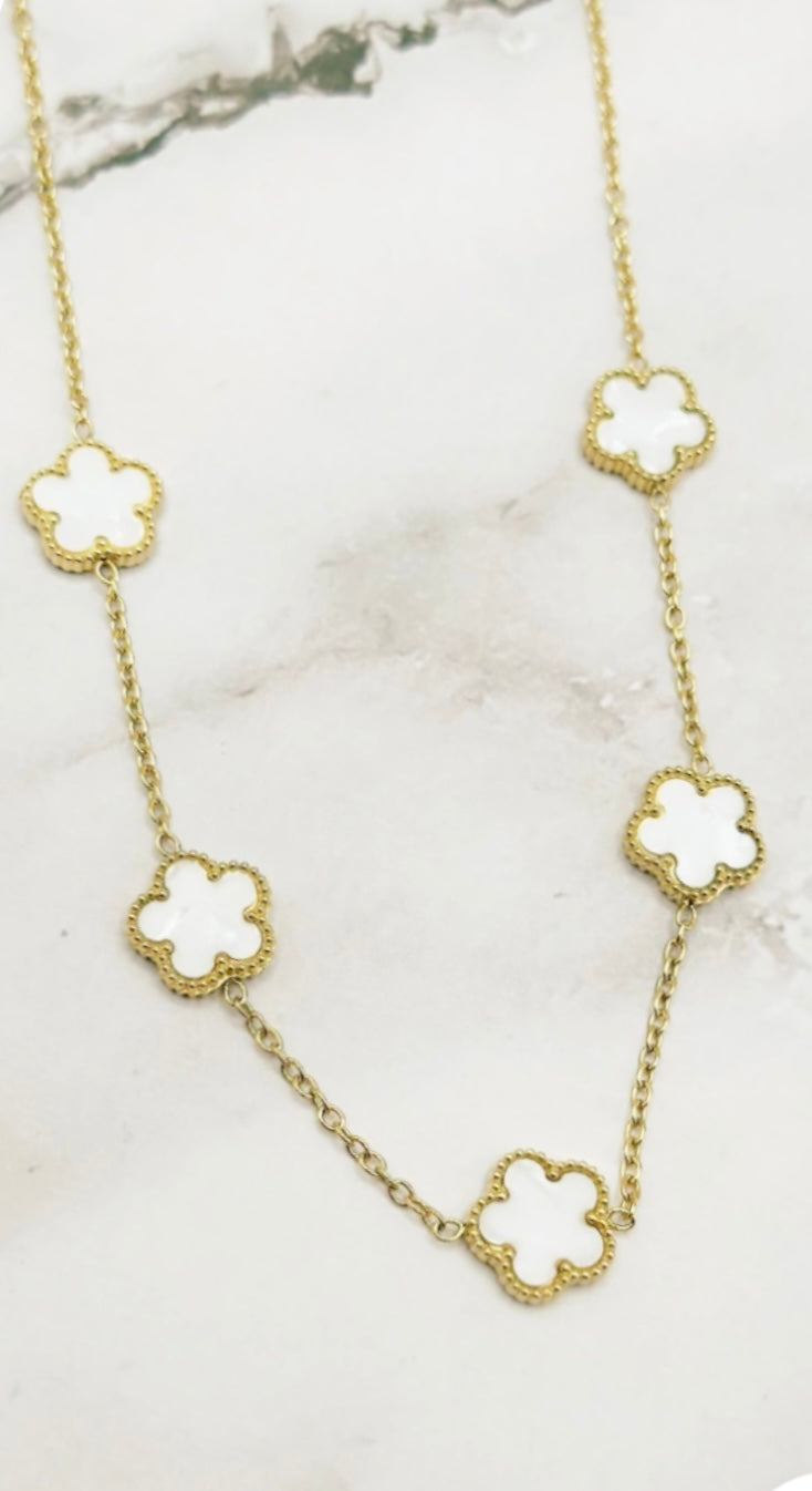 Collier 5 Trèfles Nacre Blanc Acier Inoxydable