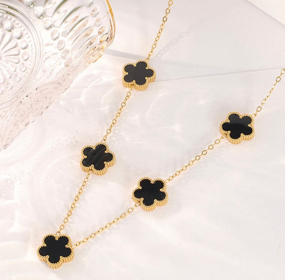 Collier 5 Trèfles Nacre Noir Acier Inoxydable