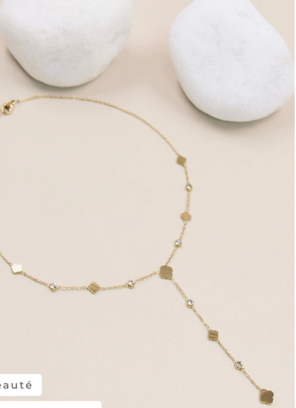 Collier Trèfles Strass "Y" Acier Inoxydable