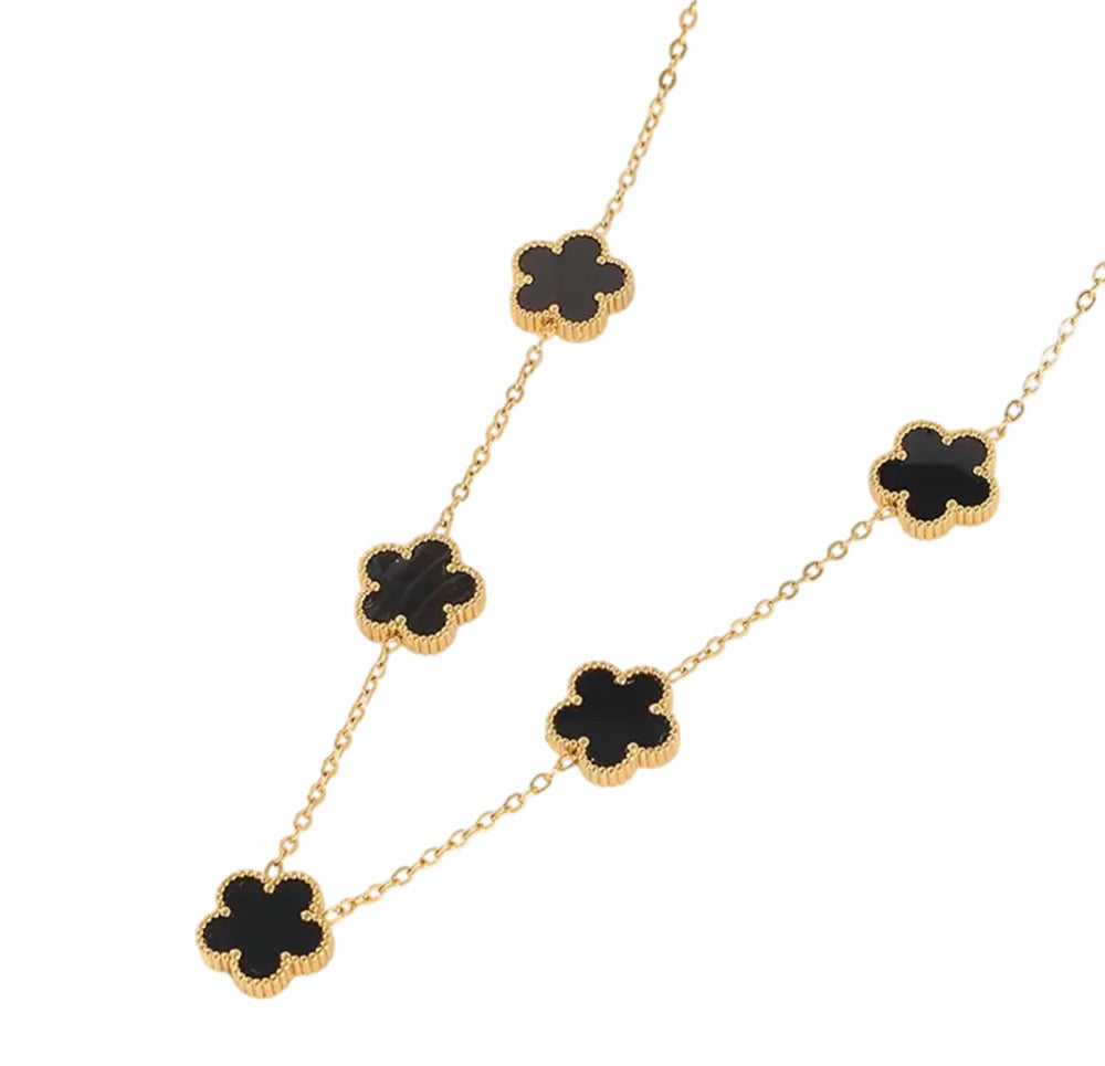 Collier 5 Trèfles Nacre Noir Acier Inoxydable